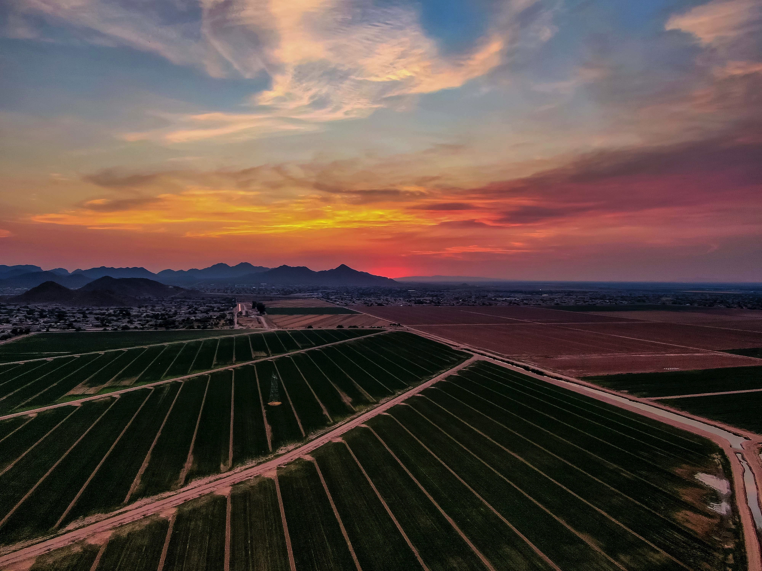 Aerial view over some farm fields in the suburbs of Phoenix, Arizona.