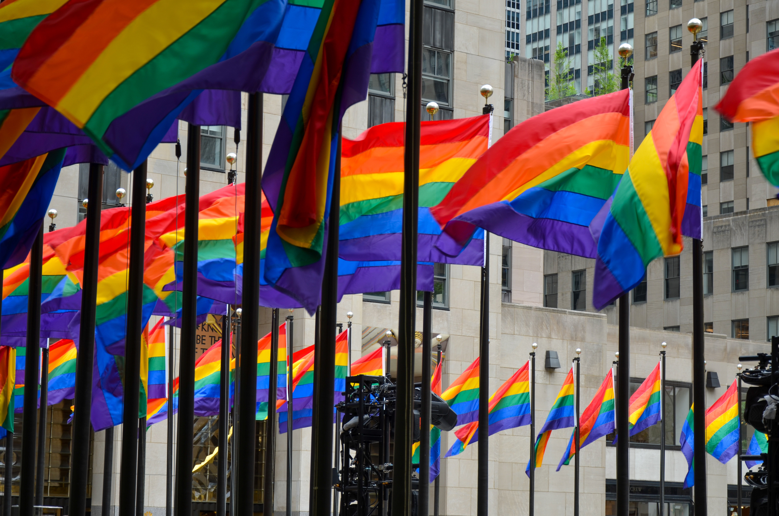 Rockefeller Plaza in New York City is seen covered with Pride flags during the Pride month on June 11, 2022.