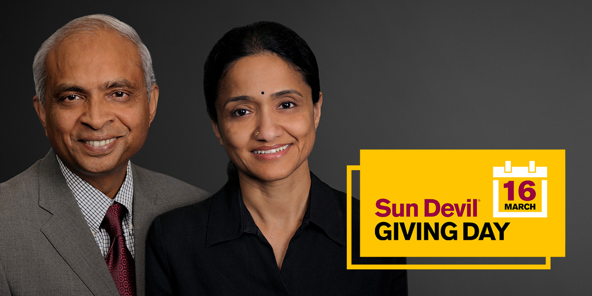 Drs. Gopalakrishnan and Srimathy Mohan in front of a blank background with a calendar image reminder that Sun Devil Giving Day is March 16.