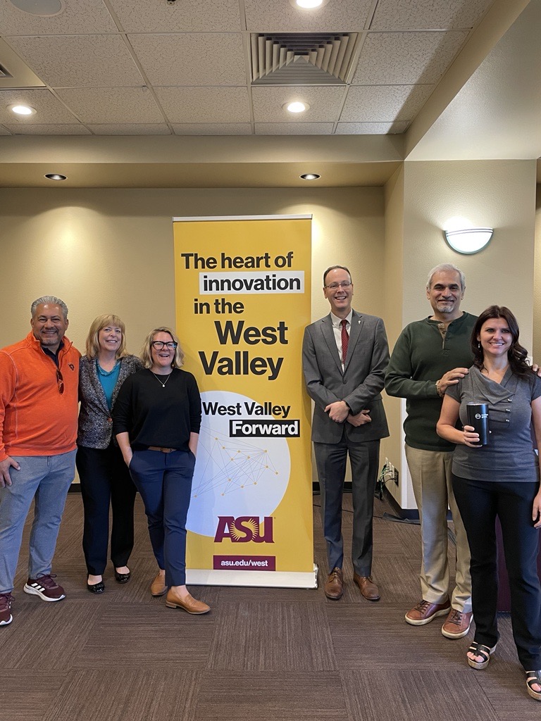 Photo from left: Jeffrey Garza Walker, member of the Southwest Valley Chamber of Commerce; Jenni Thomas, manager of ASU government and community engagement; Kristin Slice, director of community entrepreneurship for Edson E+I; Todd Sandrin, vice provost of the West Valley campus and dean of the New College of Interdisciplinary Arts and Sciences; Hitendra Chaturvedi, supply chain management professor of practice; and Daphnie Kelly, founder of Modern Grind Coffee. Photo by Alexa Ruona.
