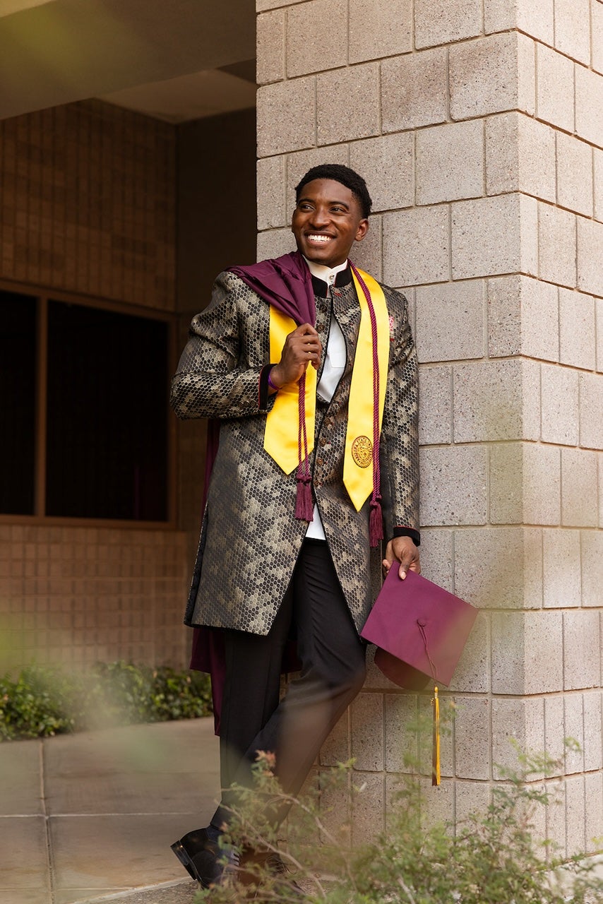 MS-AIB student Isaac-John Onwuamaegbu in his graduation gear from his undergraduate studies at ASU