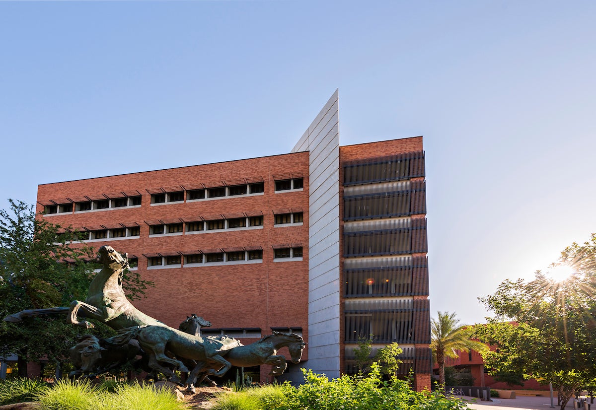 The Spirit statue in front of the W. P. Carey School of Business at ASU's Tempe campus