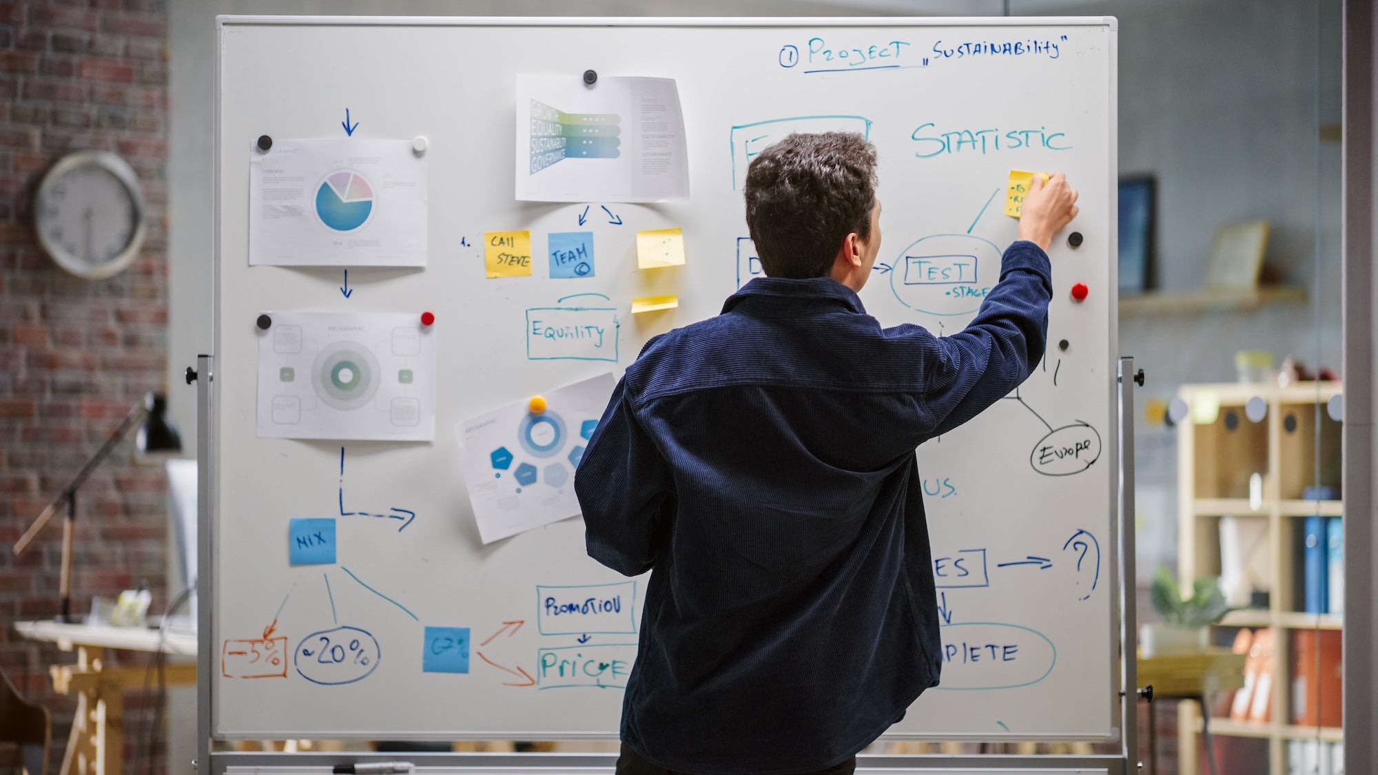 Man adding content to white board