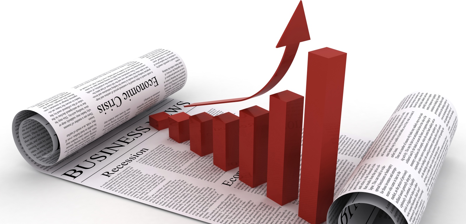 Business newspaper graphic with 3-D barchart and upward arrow