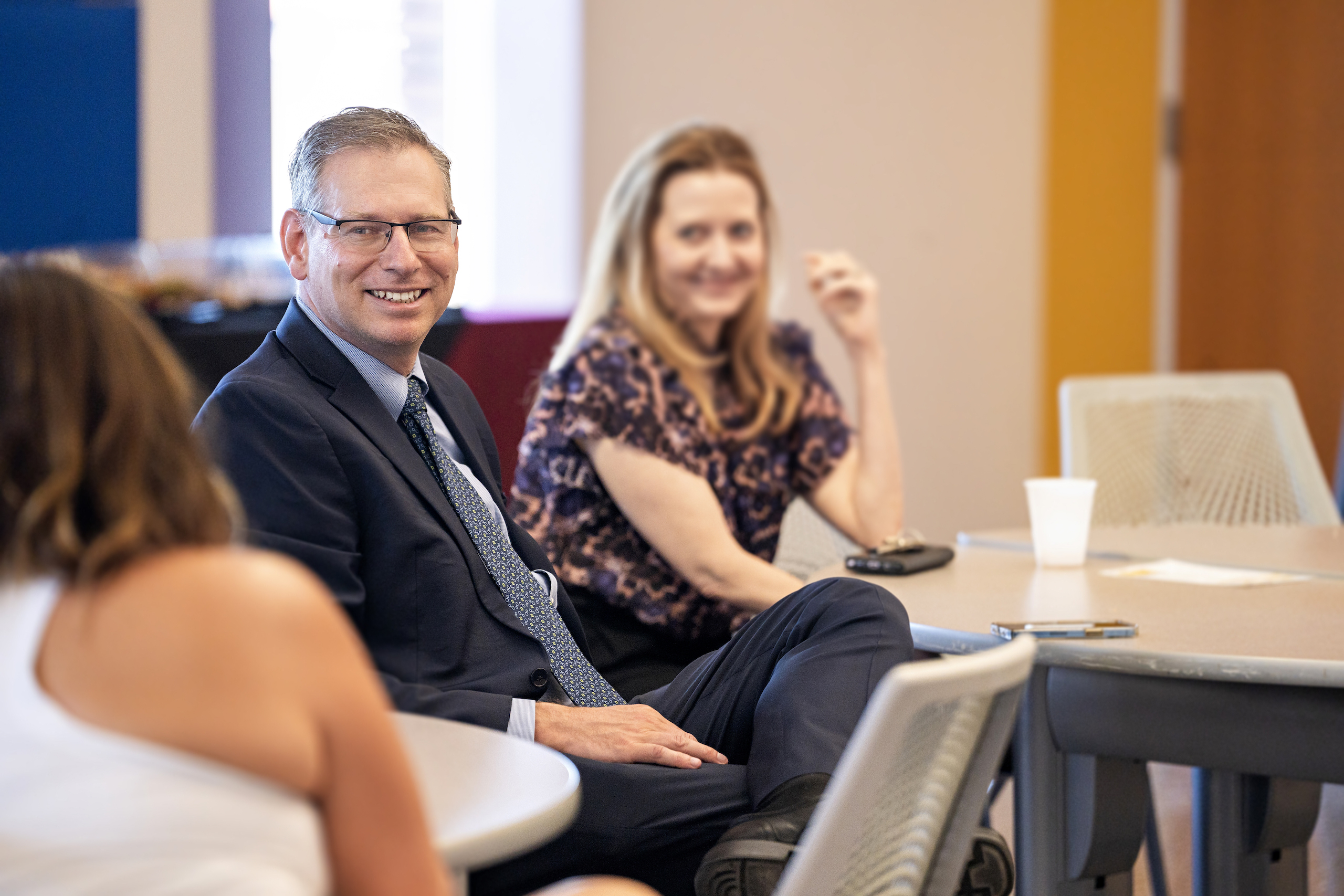 Dean Ohad Kadan with faculty and staff at the Oasis happy hour