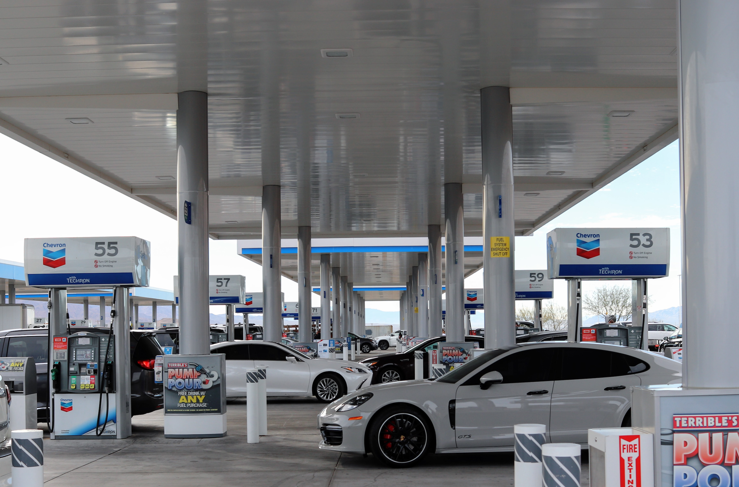 Jean, Nevada USA January 17, 2022 The 96 pumps located at this gas station in Jean, Nevada outside Las Vegas is the largest chevron station in the world