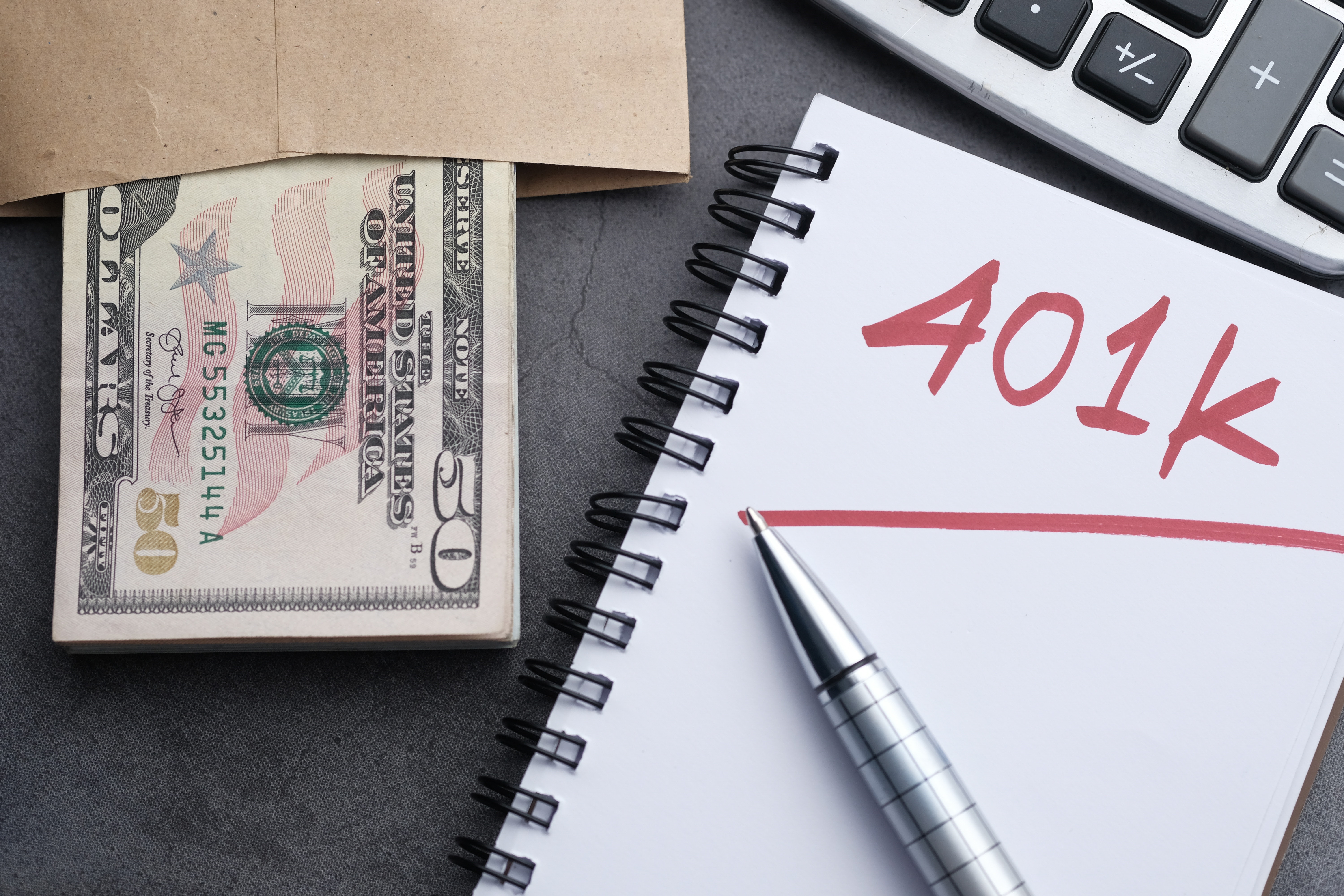 $50 bill and 401(k) text.