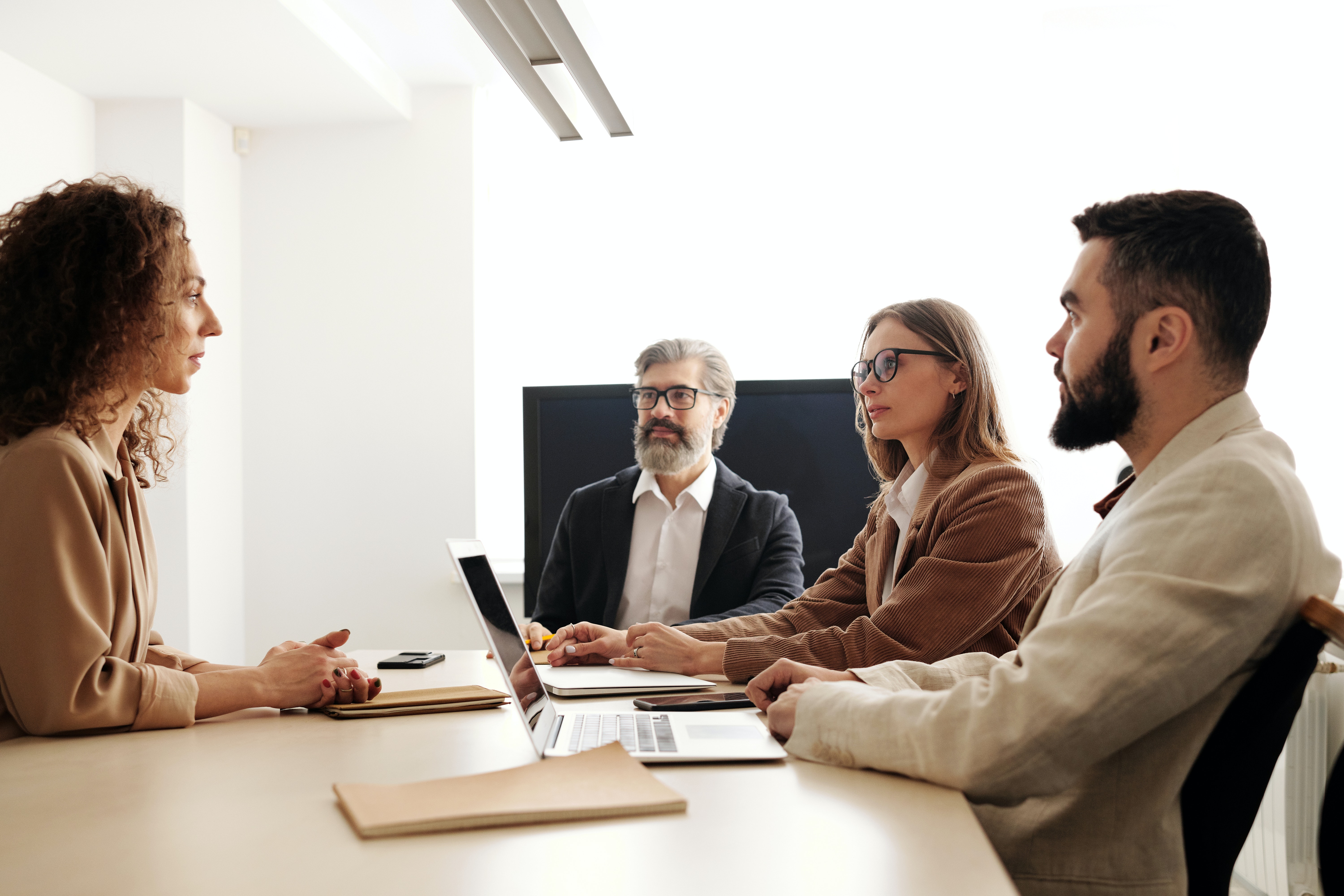 Woman at a panel interview.
