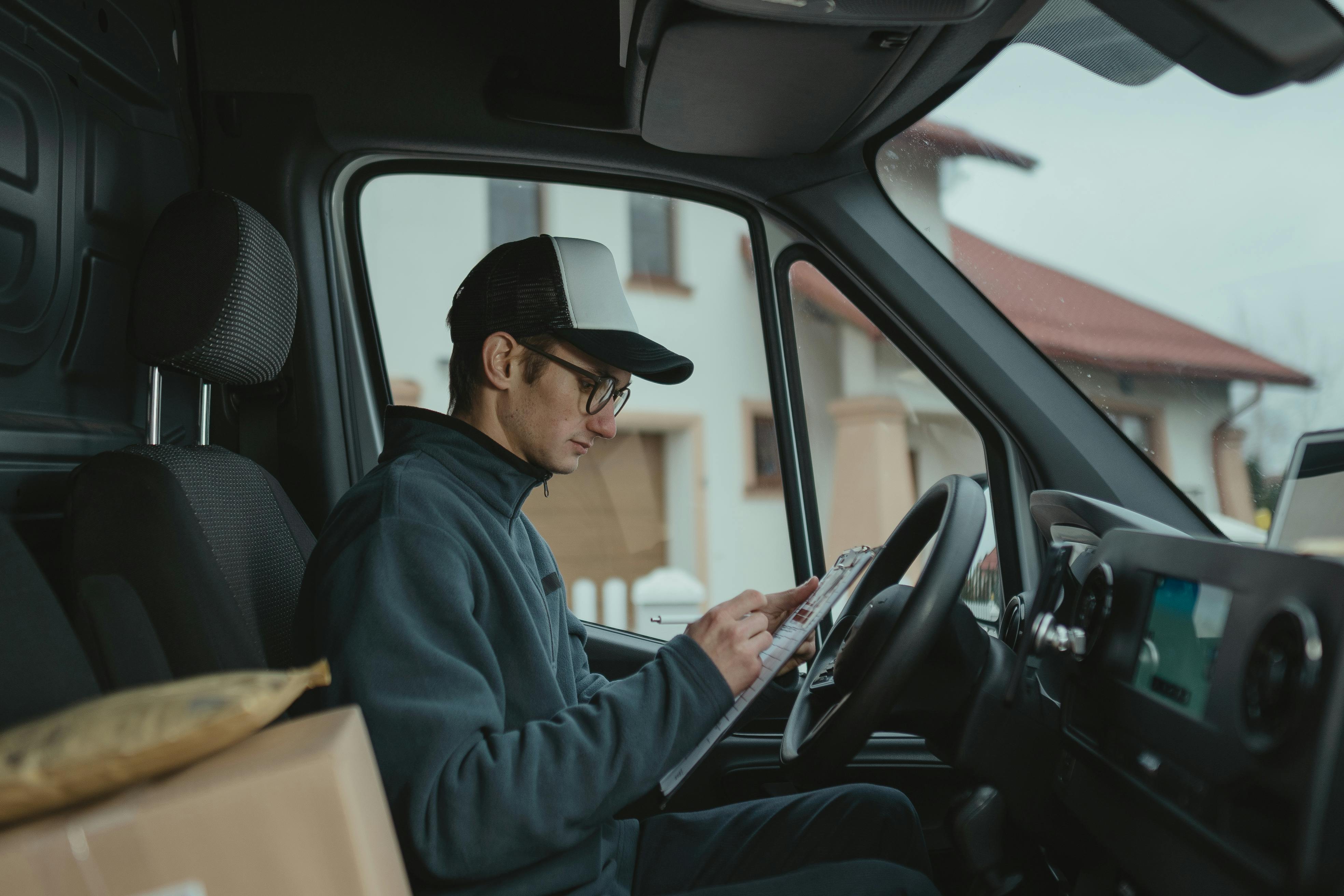 A man sitting in the front seat of a car.